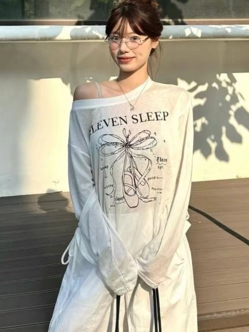White Oversized Off Shoulder Graphic Long Sleeve Top L